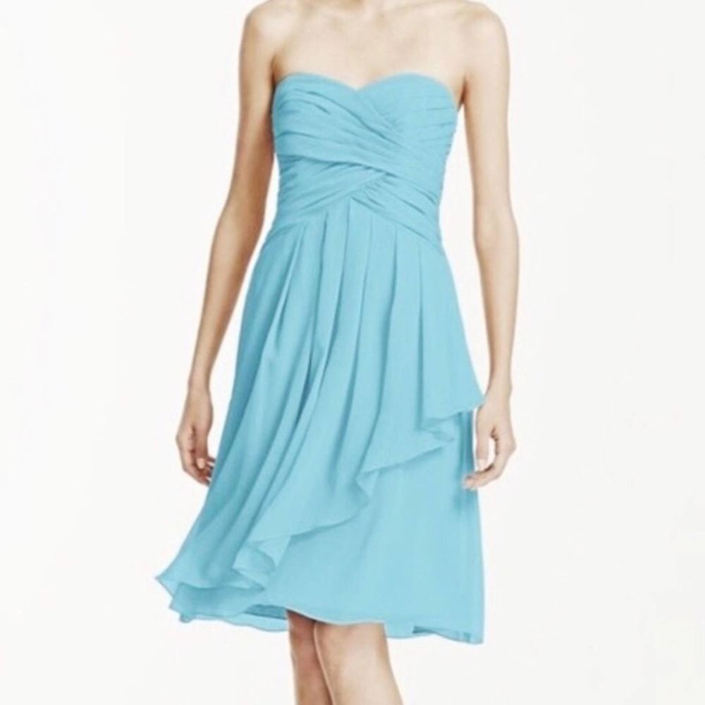 David’s Bridal Crinkle Chiffon Sweetheart Dress Blue Size 2 Bridesmaid Strapless